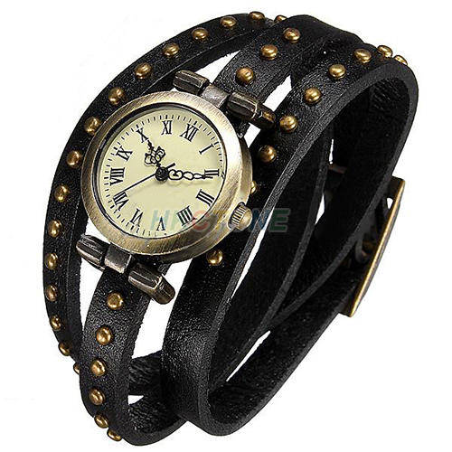 WOMEN WEAVED LEATHER BAND RIVET BRONZE DIAL BRACELET QUARTZ WRIST WATCH BLACK